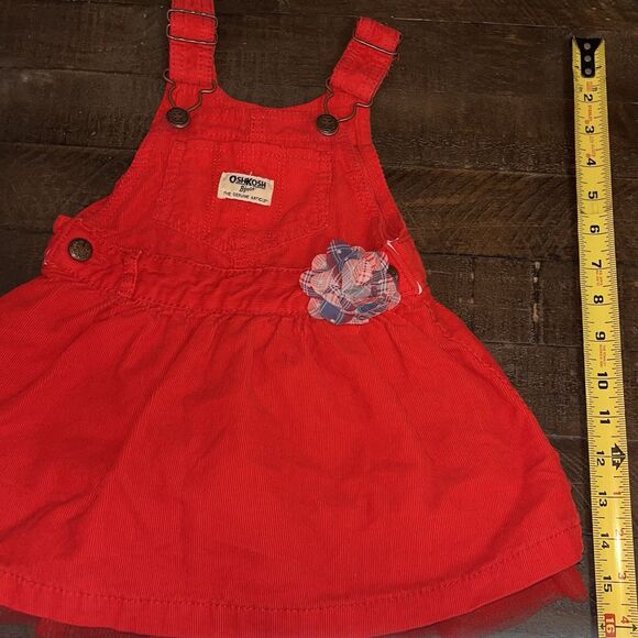 Oshkosh Bgosh Skirtall Girls Size 18m Red Corduroy Flower Tulle Overalls Dress - Picture 3 of 6